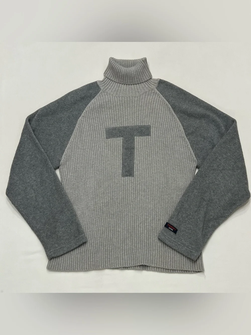 Vintage 90s Tommy Jeans Fleece Ribbed Knit Turtleneck Sweater Sz L Logo Patch